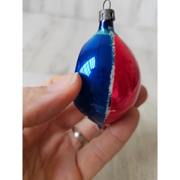 Vintage Mercury glass indent teardrop blue striped flocked ornament Xmas tree - Picture 11 of 13
